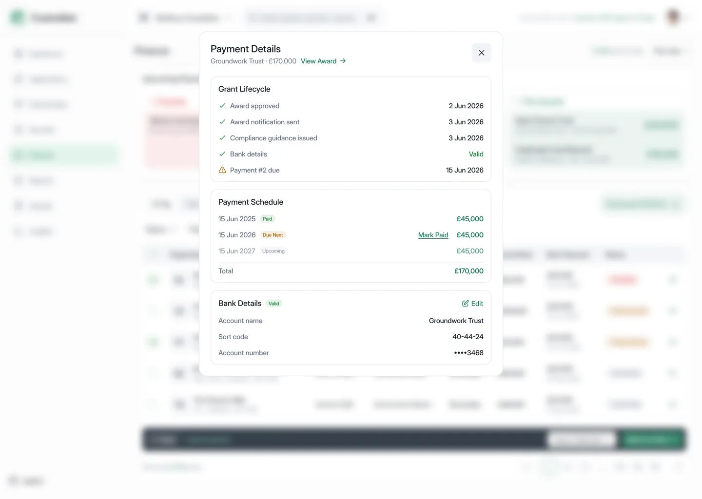 Payment details for Groundwork Trust: grant lifecycle, payment schedule and verified bank details.